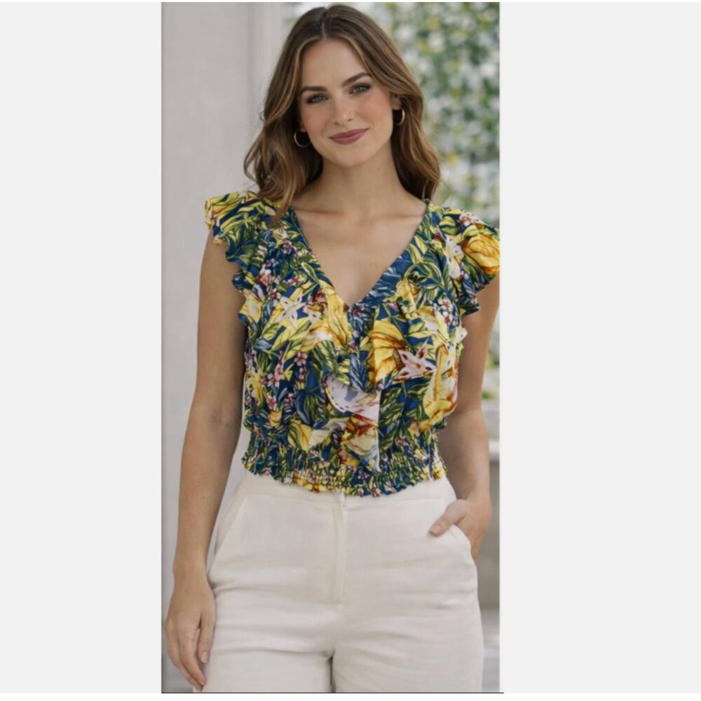 NWT Rachel Roy Ruffle Smocked Top Tropical Hawaiian Small Cropped